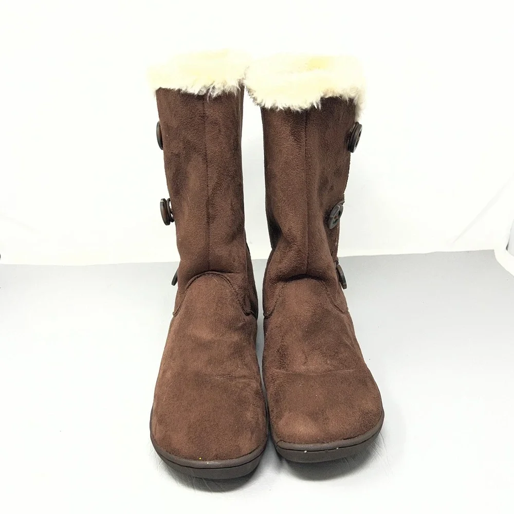 Skechers‎ Australia Womens Suede Faux Fur Boots 9.5 Button Mid Calf Cozy Comfort